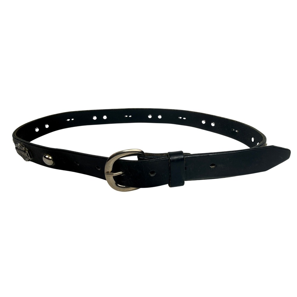 Harley-Davidson Womens Black Leather Studded Logo Belt Made in USA Size 28 -BG